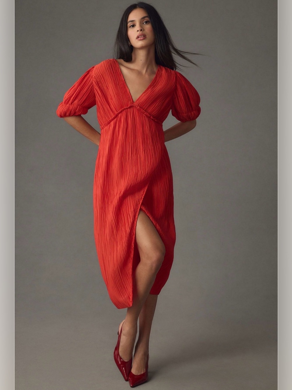 Anthropologie Red Pleated V‑Neck slim Midi Dress